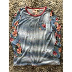Matilda Jane Womens Blue Stripe Floral Rose Longsleeve Shirt Small Blouse Top